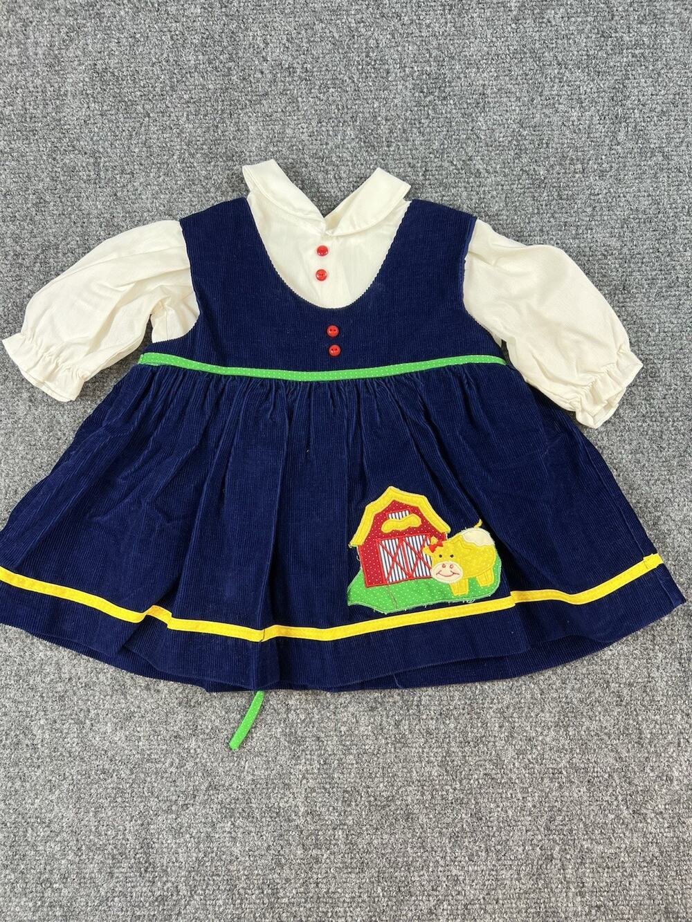 Vintage Baby Togs Girls Dress Outfit 6-9M Blue Corduroy Farm Barn Sheep Applique
